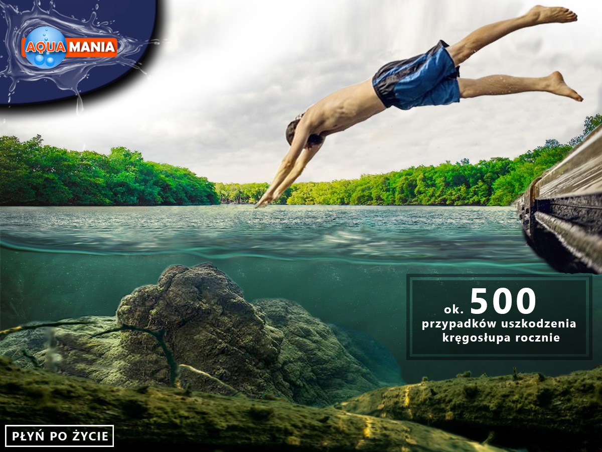 plakat skok na główkę na kamień - szanuj wodę - akcja edukacyjna - Aquamania