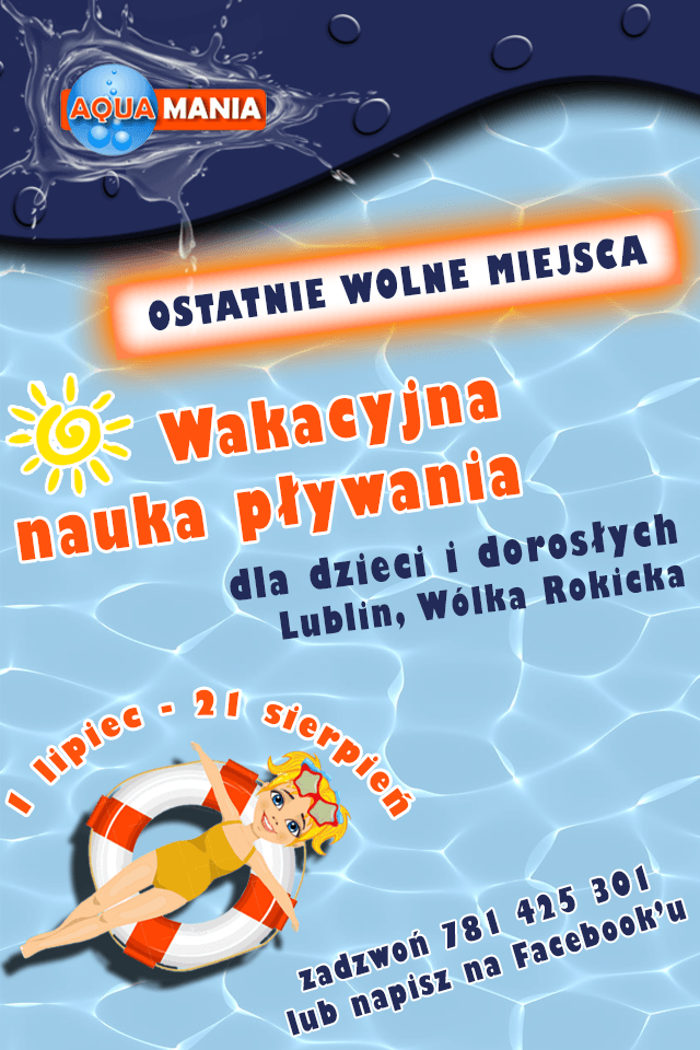 Wakacyjny kurs pływania, Lublin, Wólka Rokicka - plakat - Aquamania